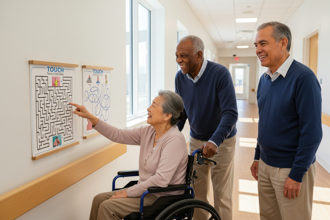 Three multicultural seniors with fingers on tactile panels